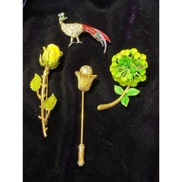 Unbranded Jewelry - Vintage Misc. Lot of 4 Brooches Green Chrysanthemum Flower Peacock Yellow Rose
